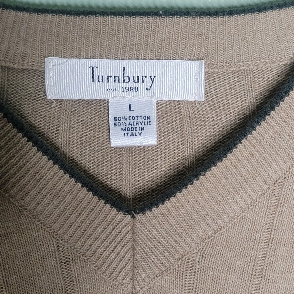 Turnbury V-Neck Sweater Tan Black Pullover Cotton Blend Italy‎ Classic Preppy L